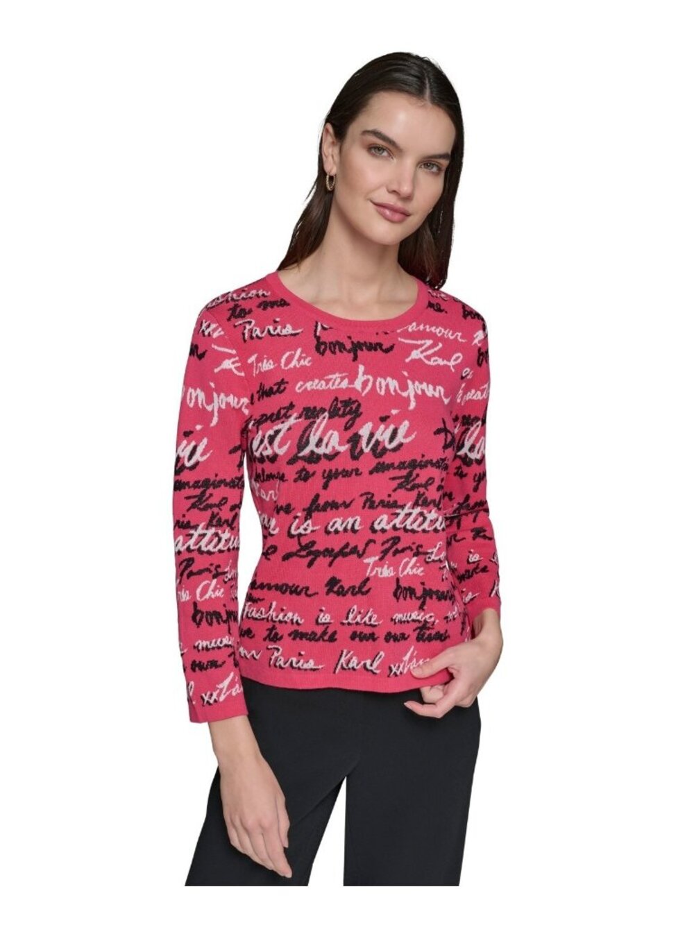 KARL LAGERFELD Women Knit Cotton/Modal Allover Script Sweater Pink Size XS $129